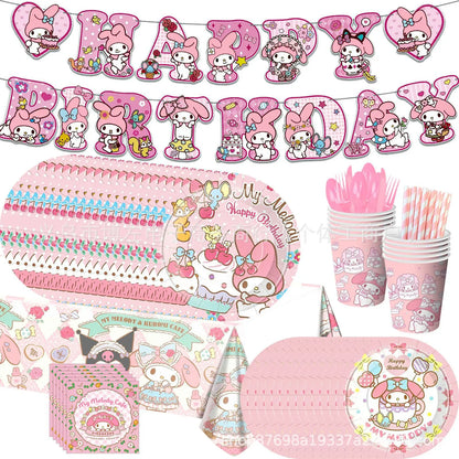 Sanrio Melody Theme Children'S Birthday Party Decoration Flag Streamer Disposable Meal Girl Dinner Party Set Plate Tablecloth