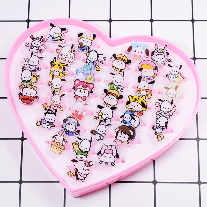10/20Pcs Sanrio Hello Kitty Melody Ring Kids Adjustable Baby Rings Kuromi Cartoon Children Girl Rings Party Gifts With Box