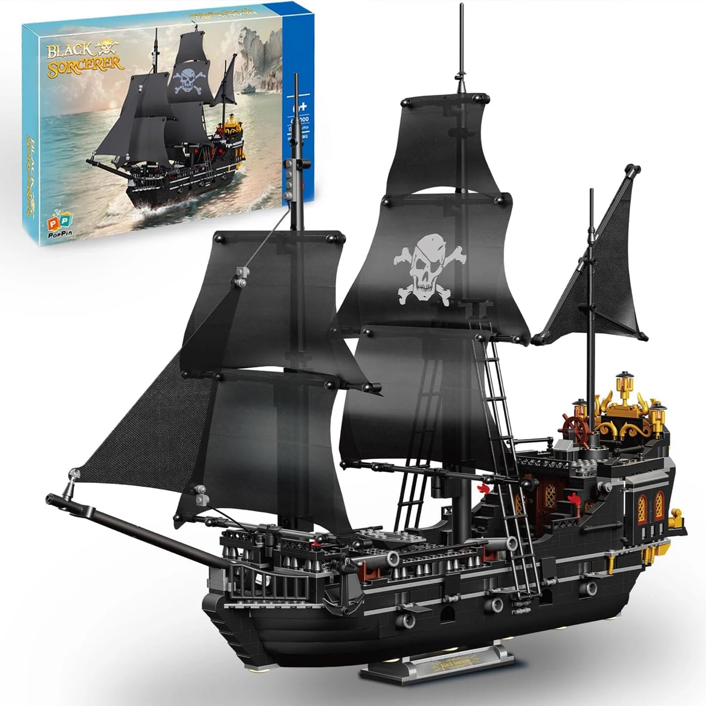 1424PCS Black Pirate Ship Building Blocks Skeleton Ghost Boat Model Assembly Bricks Toys Desktop Decoration Kids Holiday Gifts