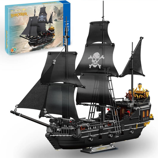 1424PCS Black Pirate Ship Building Blocks Skeleton Ghost Boat Model Assembly Bricks Toys Desktop Decoration Kids Holiday Gifts