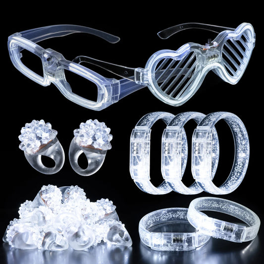 White Wedding Mix Sets LED Light Up Glasses Glow Bracelets and Flashing Bumpy Rings Wedding Party Favors Supplies