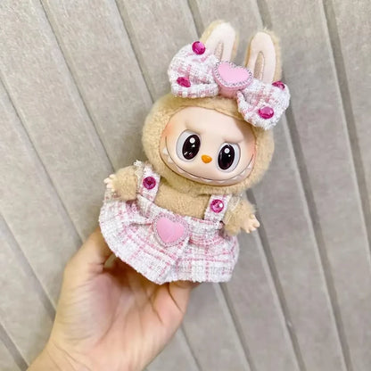 For Labubu Sitting Party Blue Pink Strap Fragrant Skirt Set Outfit Clothes sweet.for Labubu Clothes