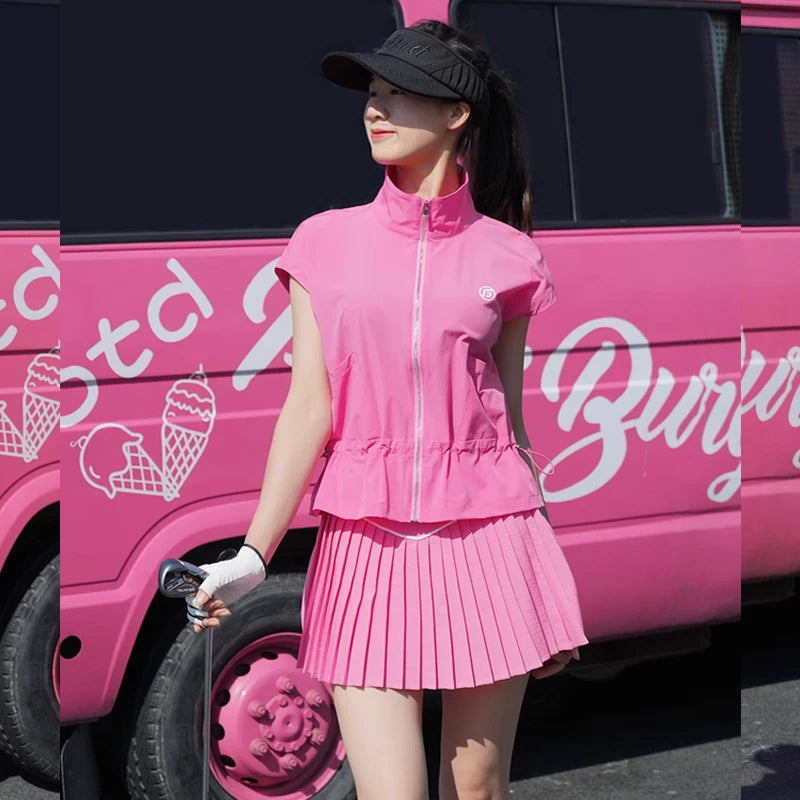 New Golf Women Outfits 2025 Zipper Stand Collar Tops Summer Thin Sports Loose Shirts Pleated Skort Designer's Golf Clothes