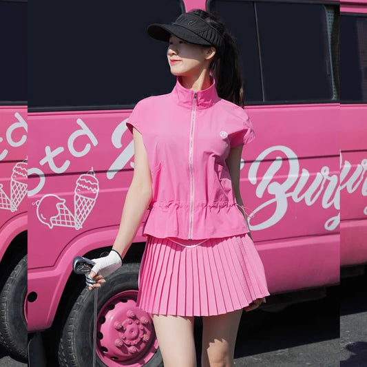New Golf Women Outfits 2025 Zipper Stand Collar Tops Summer Thin Sports Loose Shirts Pleated Skort Designer's Golf Clothes