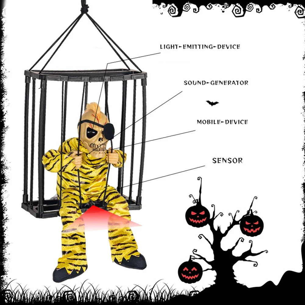 Halloween Scary Skull Decoration Hangable Talking Ghost Prop With Glowing Eye Sound Doll Electric Skeleton Toy in Prisoner Cage