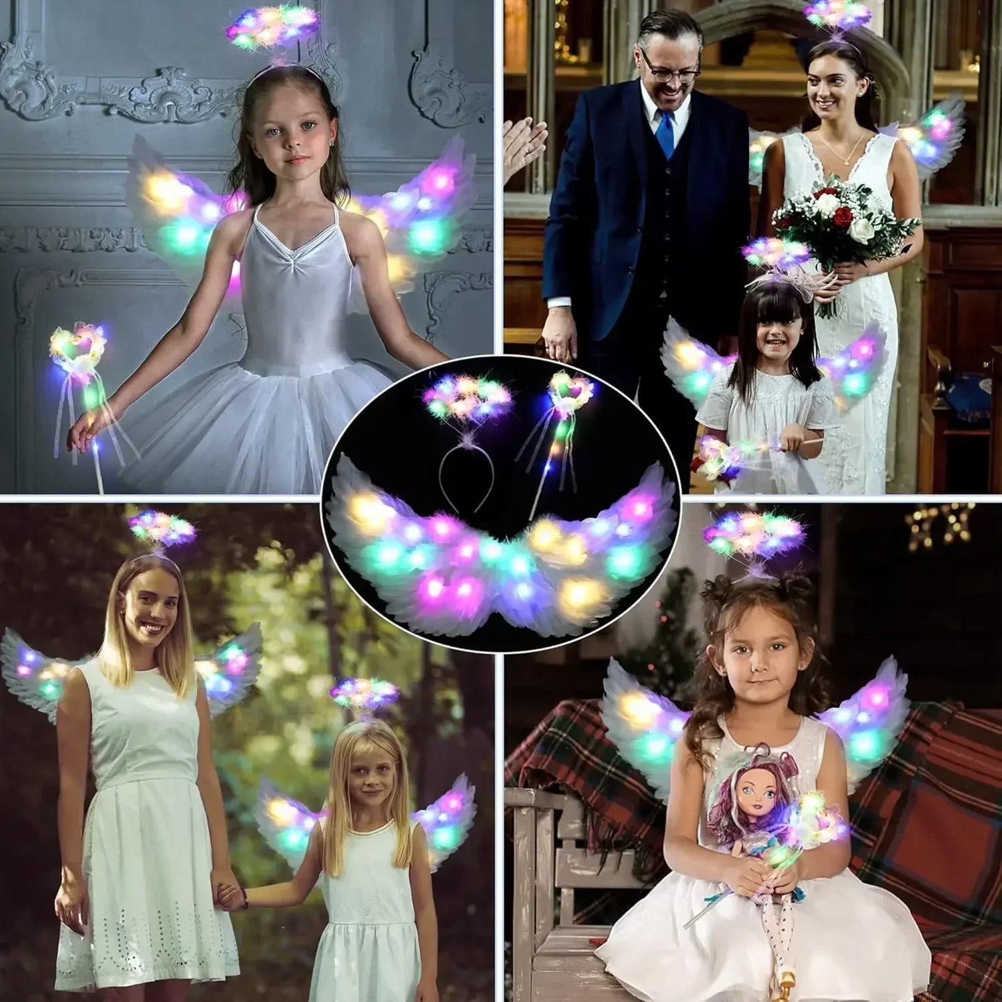 Women Girls Angel Feather LED Wings Halo Light Up Angel Wings Fairy Wands Glow Tutu Skirt Carnival Halloween Cosplay Costume