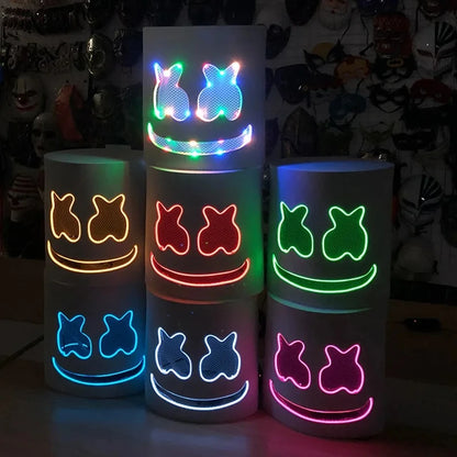 Halloween Light Up Mask Full Face LED Neon Marshmallow Mask Headgear Luminous DJ Music Festival Props Cosplay Rave Party Mask