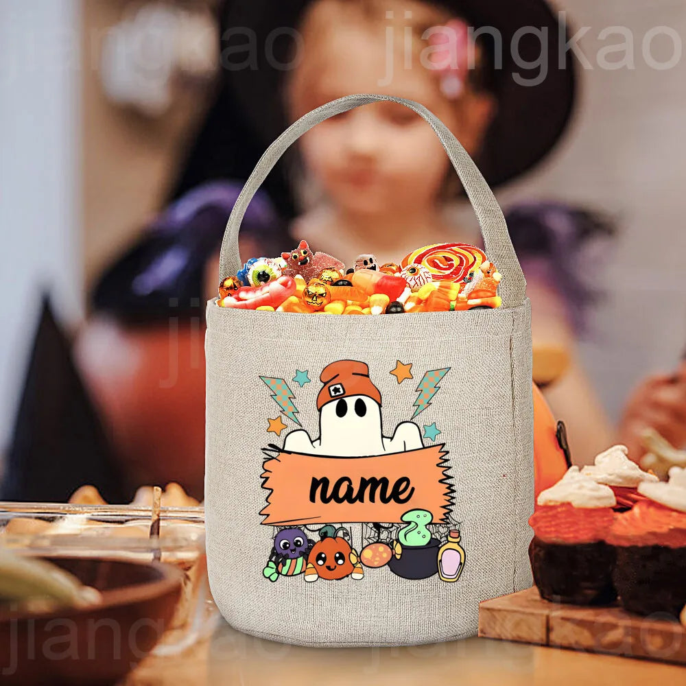 Personalized Trick or Treat Bag Custom Name Candy Bucket Bag Halloween Party Ghost Tote Bags Portable Cookie Basket Gift for Kid