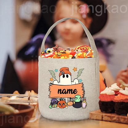 Personalized Trick or Treat Bag Custom Name Candy Bucket Bag Halloween Party Ghost Tote Bags Portable Cookie Basket Gift for Kid