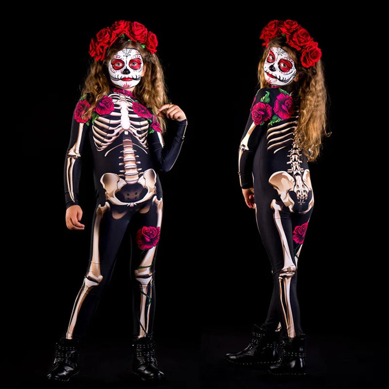Rose Skeleton Bone Jumpsuit Girls Scary Costume Halloween Horror Bodysuit Cosplay Jumpsuit Carnival Catsuit Outfit for Kids