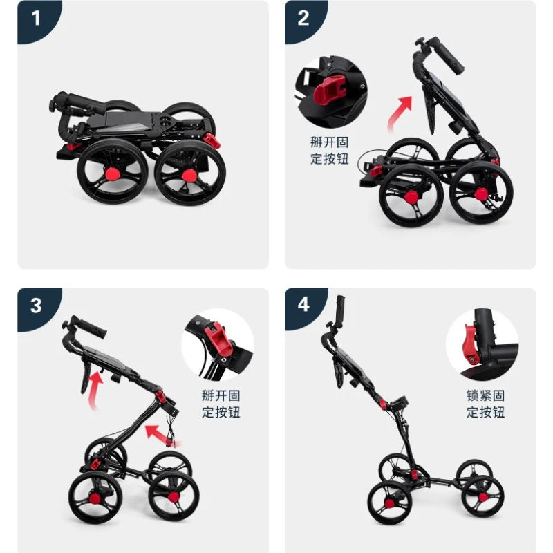 PGM Foldable Golf Bag Cart Four Wheels Aluminium Alloy Trolley With Umbrella Holder Bottle Cage Fixing Rope Manual Brake QC005