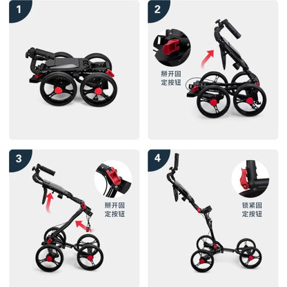 PGM Foldable Golf Bag Cart Four Wheels Aluminium Alloy Trolley With Umbrella Holder Bottle Cage Fixing Rope Manual Brake QC005