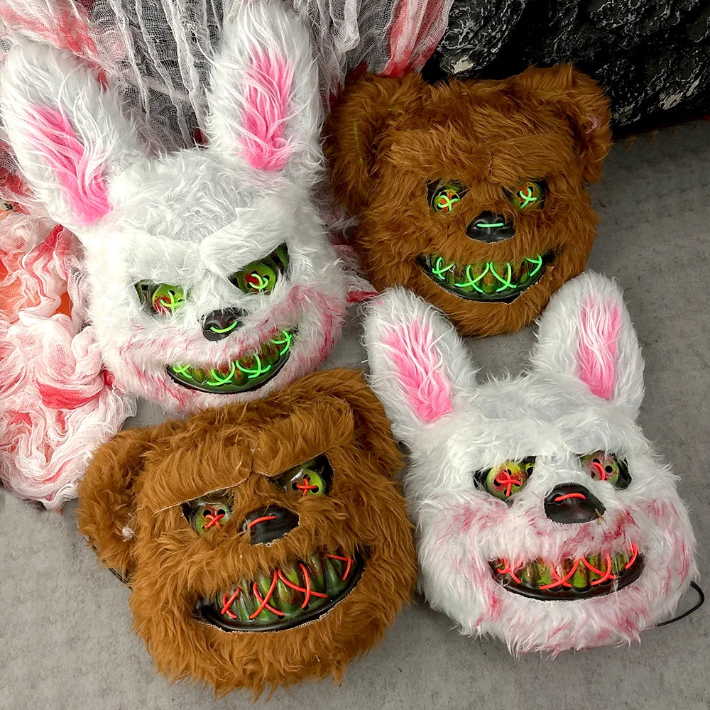 Halloween Plush Luminous Mask Terror Rabbit Bear LED Luminous Mask Plush Rabbit Halloween Party Cosplay Mask Party Photo Prop
