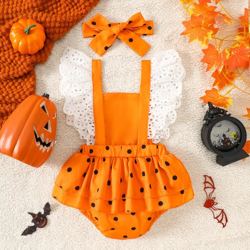 Halloween Costume Romper Baby Girl Clothes Flying Sleeves Cute Pumpkin Ghost Jumpsuit Infant Girls Holiday Party Fancy Dress