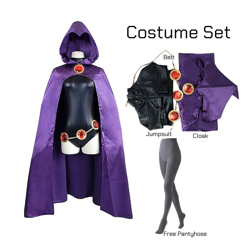 Women's TeenTitans-Raven Cosplay Costume Jumpsuit Purple Cloak With Belt Halloween Costume Uniform for Girls
