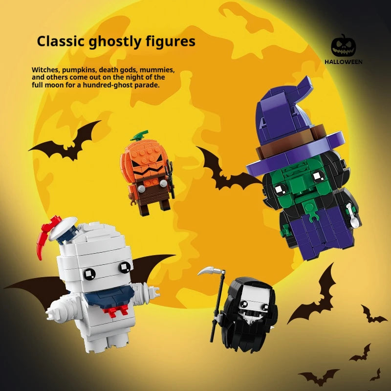 Halloween Monster Series Witch Death Pumpkin Head Mummy Fun Desktop Ornaments Assembly Building Blocks Set, Kids Halloween Gift