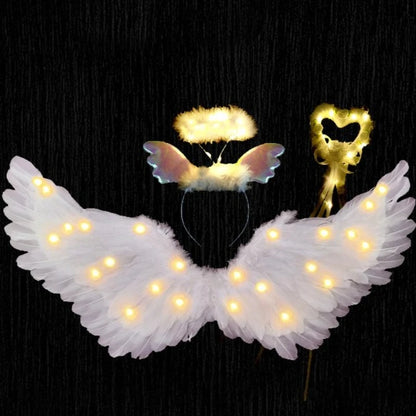 Women Girls Angel Feather LED Wings Halo Light Up Angel Wings Fairy Wands Glow Tutu Skirt Carnival Halloween Cosplay Costume