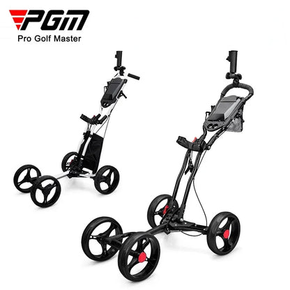 PGM Foldable Golf Bag Cart Four Wheels Aluminium Alloy Trolley With Umbrella Holder Bottle Cage Fixing Rope Manual Brake QC005