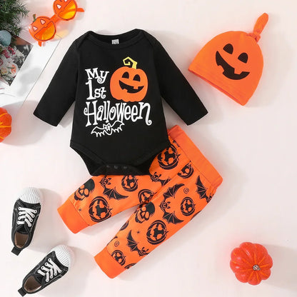 Ceeniu My First Halloween Baby Outfit for Boys Long Sleeve Letter Romper Suspender Pants+Hat Newborns Baby Halloween Costumes