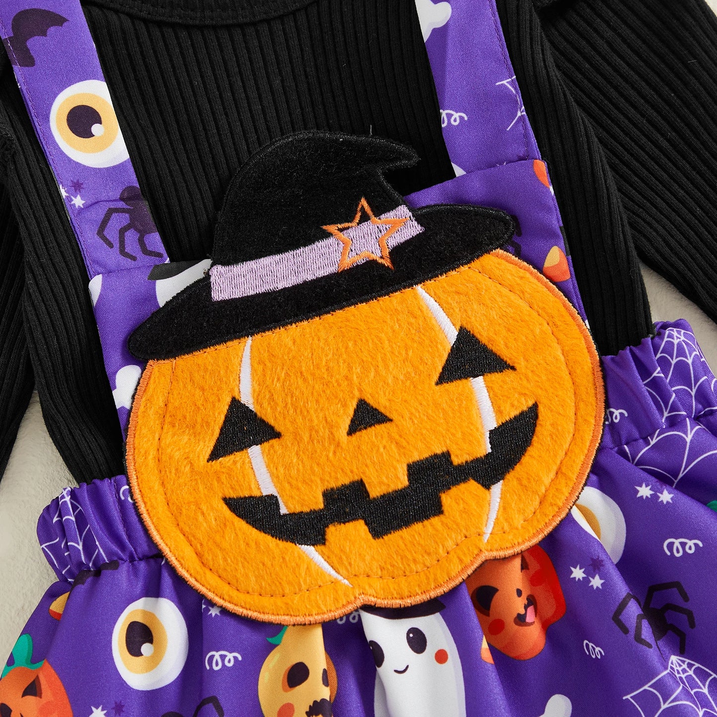 Pudcoco Infant Baby Girls Halloween Sets Solid Color Flying Sleeve Romper Ghost Pumpkin Print Skirt Headband