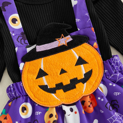 Pudcoco Infant Baby Girls Halloween Sets Solid Color Flying Sleeve Romper Ghost Pumpkin Print Skirt Headband