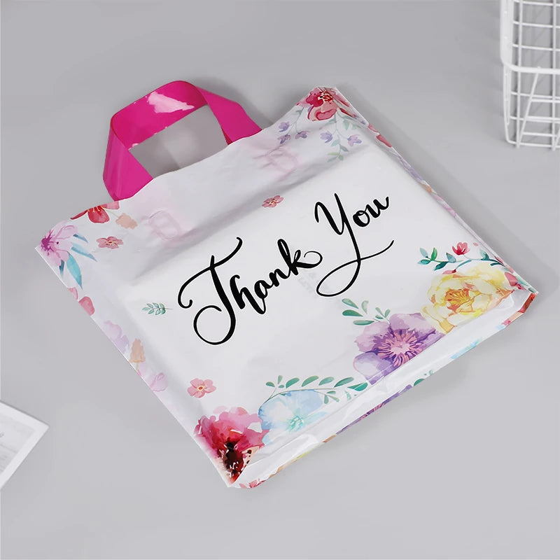 10/20/30Pcs Thank You Gift Bag Floral Design Plastic Tote Bags for Wedding Birthday Party Gift Packaging Thanksgiving Christmas