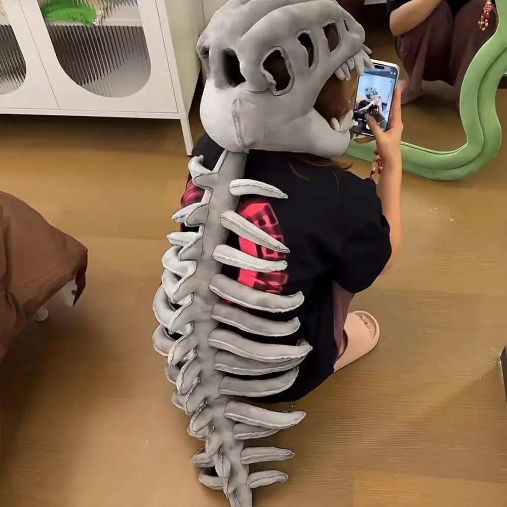 3D Dinosaur Skeleton Costume Set Halloween Realistic Dinosaur Headgear Plush Skeleton Dinosaur Costume Adult Dress-Up Jumpsuit