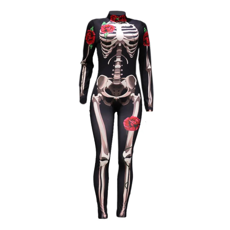 Rose Skeleton Bone Jumpsuit Girls Scary Costume Halloween Horror Bodysuit Cosplay Jumpsuit Carnival Catsuit Outfit for Kids