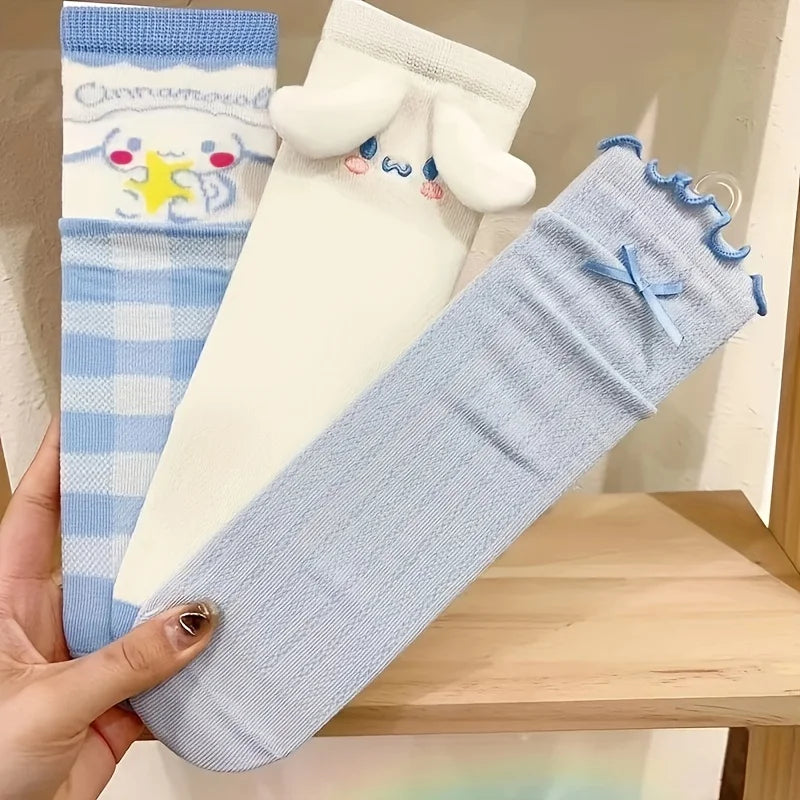 3 Pairs Kawaii Sanrio Girls Cartoon Cinnamoroll Crew Socks, Cute & Sweet Bow Frilled Mid Tube Socks, Women's Stockings & Hosiery
