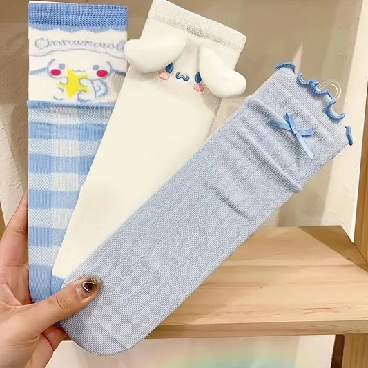 3 Pairs Kawaii Sanrio Girls Cartoon Cinnamoroll Crew Socks, Cute & Sweet Bow Frilled Mid Tube Socks, Women's Stockings & Hosiery