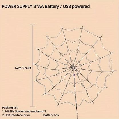 Outdoor Halloween Spider Web LED Purple Lights Battery Powered 8 Modes 70LED String Lights Remote Control Garden Wall Decoration
