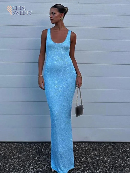 Sexy Blue Shiny Sequin Slim Fit  Women Sling Long Dress Fashion Sleeveless Backless U Neck Robe 2025 Summer New Lady  Beach Wear
