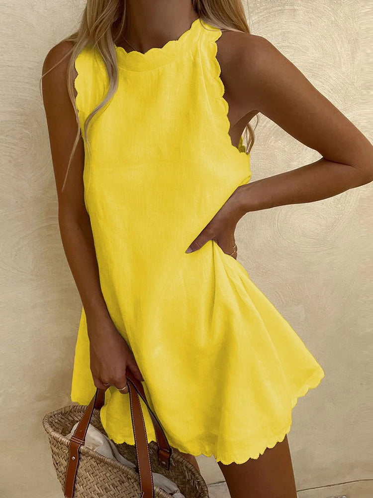 Summer Sleeveless A-Line Dress Women Cotton Linen Loose Mini Dress Fashion O-Neck Short Woman Dress Casual White Beach Sundress