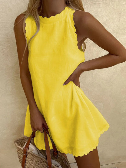 Summer Sleeveless A-Line Dress Women Cotton Linen Loose Mini Dress Fashion O-Neck Short Woman Dress Casual White Beach Sundress