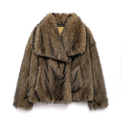 2025 Winter New Fashion Gradient Fluffy Fur Coat Women High Street Luxury Big Fur Collar Faux Fox Fur Jacket Female Overcoats
