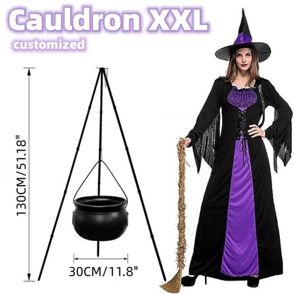 51in Halloween Decor Outdoor 12in Large Witch Cauldron on Tripod With Lights Black Plastic Bowl Party Hocus Pocus Candy Bucket