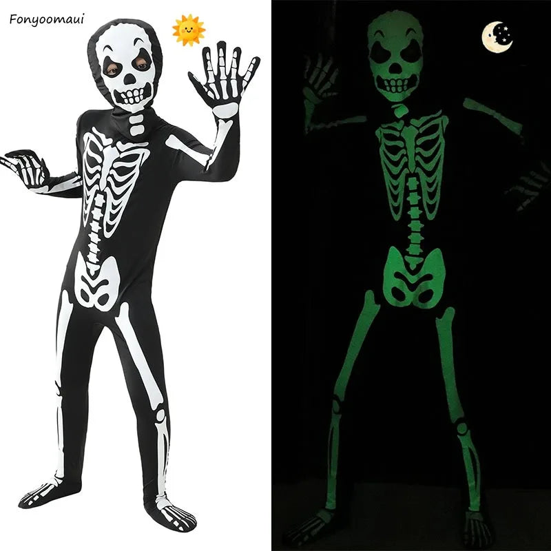 Boys Scary Zombie Halloween Costume Glow in the Dark Printed Skeleton Jumpsuit Kids Carnival Party Spooky Ghost Horror Jumpsuit