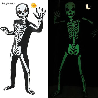 Boys Scary Zombie Halloween Costume Glow in the Dark Printed Skeleton Jumpsuit Kids Carnival Party Spooky Ghost Horror Jumpsuit