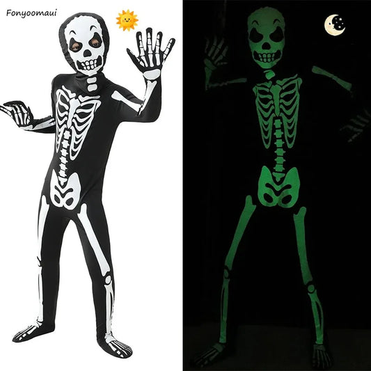 Boys Scary Zombie Halloween Costume Glow in the Dark Printed Skeleton Jumpsuit Kids Carnival Party Spooky Ghost Horror Jumpsuit