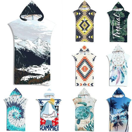 Customizable 3D Pattern Microfiber Quick Dry Summer Hooded Beach Towel Adult Kids Swim Beach Bathrobe Surf Cloak Diving Poncho