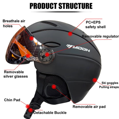 MOON Professional Half-Covered Ski Helmet Integrally-Molded Sports Man Women Snow Skiing Snowboard Helmets With Goggles Visor