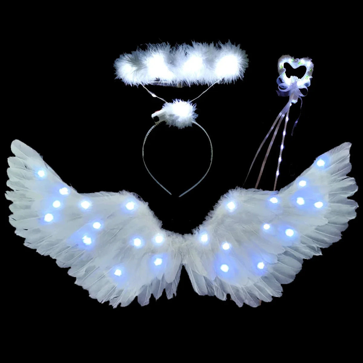 Women Girls Angel Feather LED Wings Halo Light Up Angel Wings Fairy Wands Glow Tutu Skirt Carnival Halloween Cosplay Costume