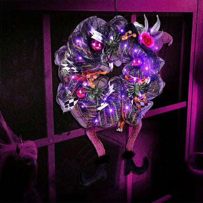 Halloween Wreath With Led Lights Door Hanging Decoration Pumpkin Witch Hat Leg Wreath Carnival Party Gifts Home Halloween Decor