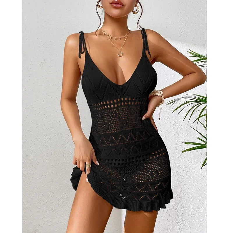 Sexy Womens Crochet Beach Dress See-Through Beachwear Pareo Swimsuit Woman Bathing Suit White Dress Beach Cover Up Women Holiday