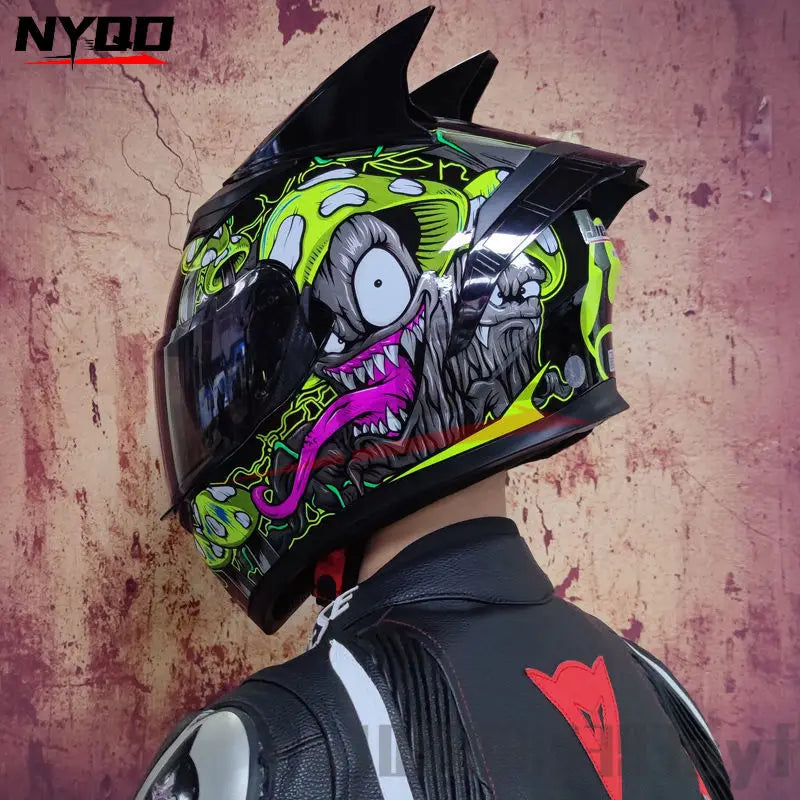 Orz Motorcycle  Full Face Helmet Dual Lens Racing Helmet Personality Horns Modular Flip Up Helmets DOT Approved
