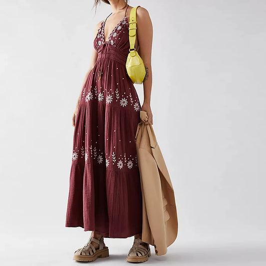 Beach Style Women v Neck Backless Halter Long Dress Bohemian Indie Embroidery Maxi Dress Summer Club Party Vestidos Holiday
