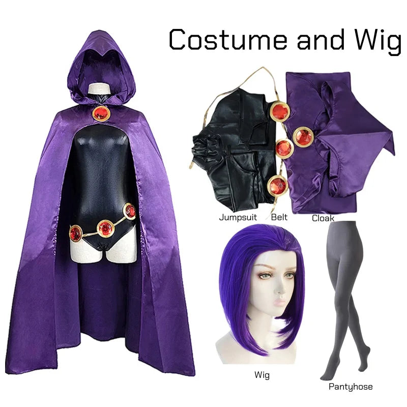 Women's TeenTitans-Raven Cosplay Costume Jumpsuit Purple Cloak With Belt Halloween Costume Uniform for Girls