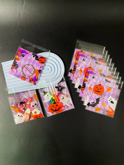 100pcs Cute Pumpkin Bat Ghost Spider Design Gift Pack Opp Self-Sealing Bag, Halloween Party Skull Printed Purple Plaid Opp Bags