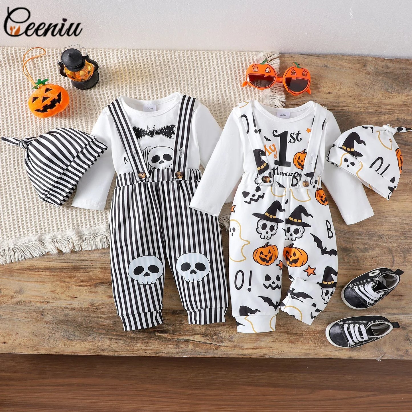 Ceeniu My First Halloween Baby Outfit for Boys Long Sleeve Letter Romper Suspender Pants+Hat Newborns Baby Halloween Costumes