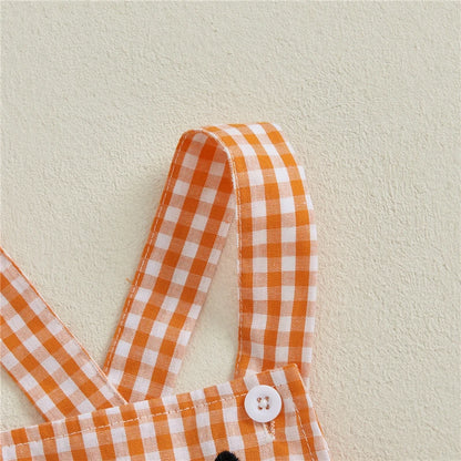 Toddler Baby Girls Halloween Romper Casual Sleeveless Square Neck Pumpkin Plaid Printed Jumpsuit Fashion Infant Newborn Clothes